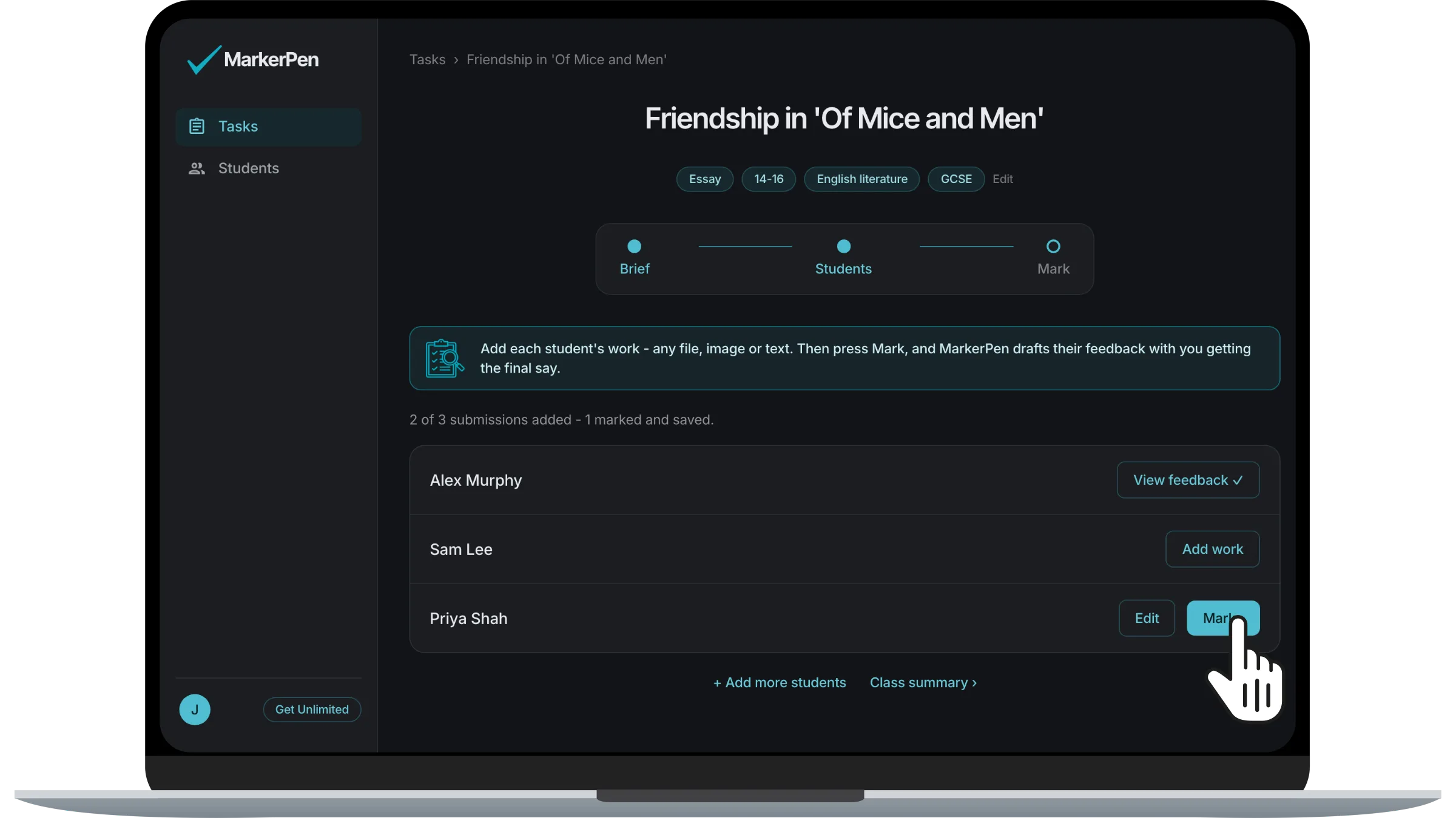 A class's work ready to mark in MarkerPen, shown on a laptop in dark mode